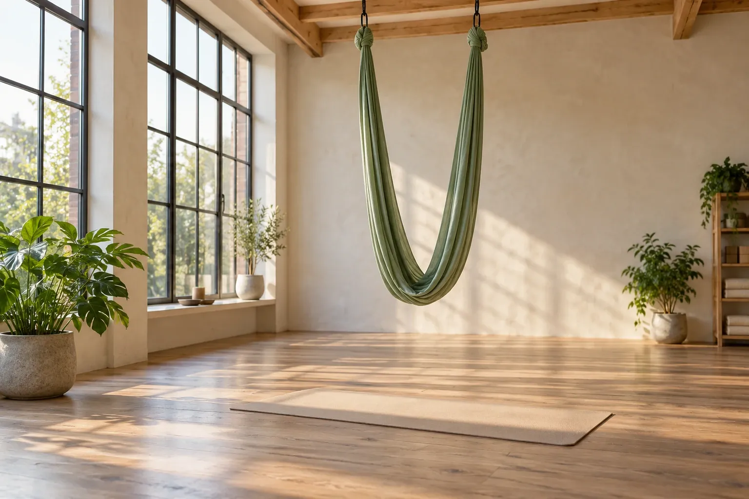 Hängendes grünes Aerial-Yoga-Tuch über Matte in hellem, pflanzenbestücktem Studio