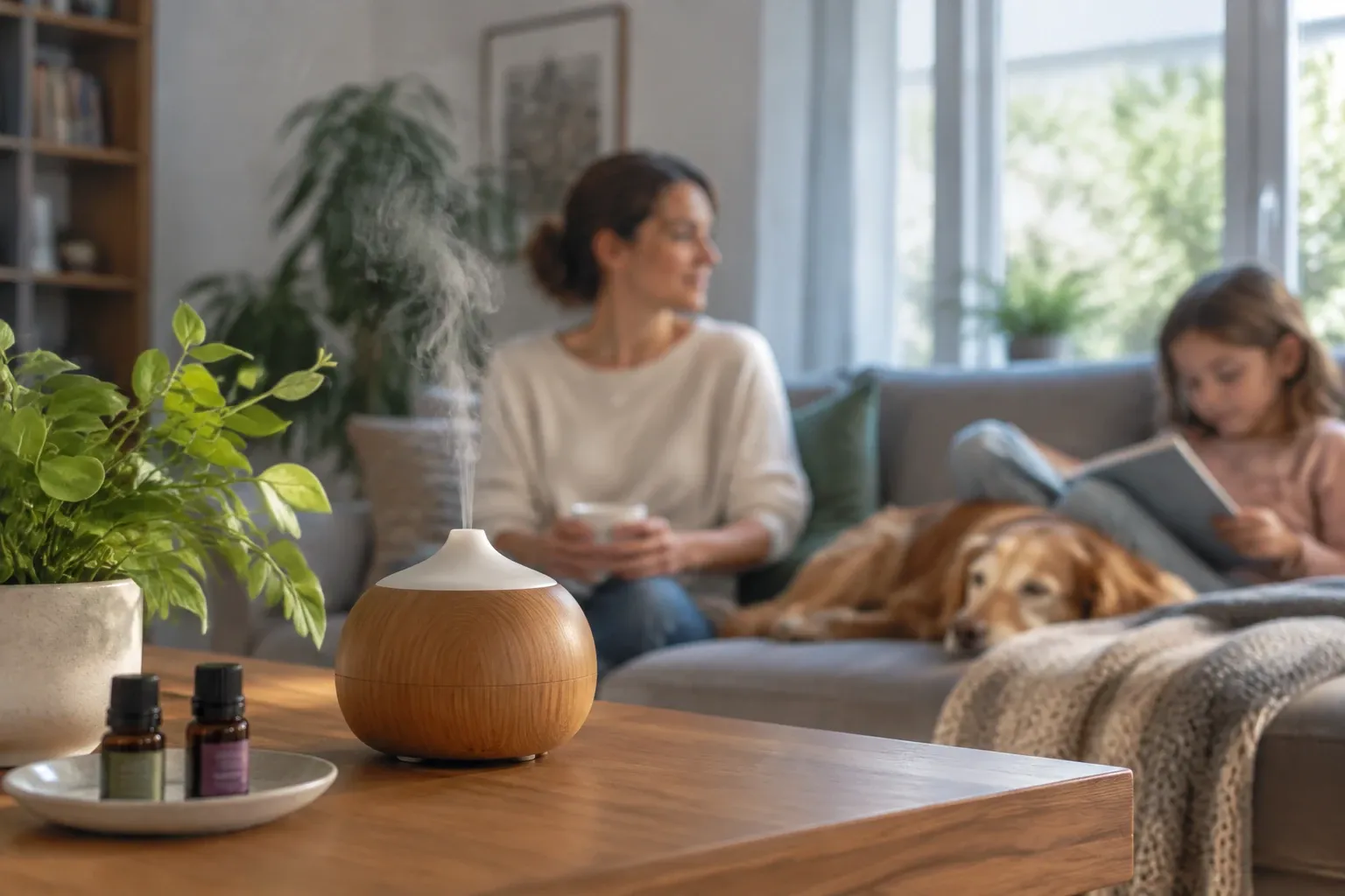 Holz-Diffuser mit Dampfwolke auf Tisch, Mutter, Kind und Hund entspannt im Wohnzimmer