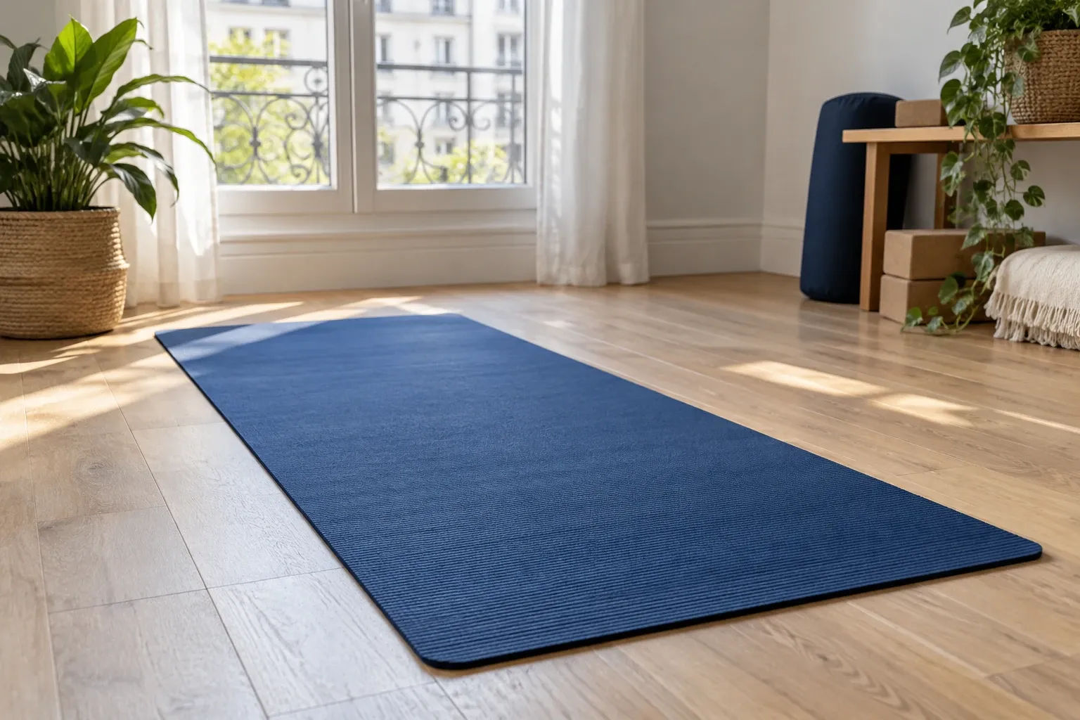Blaues Yogamatte auf Holzfußboden vor hellem Fenster, Pflanzen und Bolster sichtbar