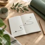 Geöffnetes Notizbuch mit abstrakter Linienzeichnung, Holzstift, gefaltete Yogamatte, Zweig, Tasse