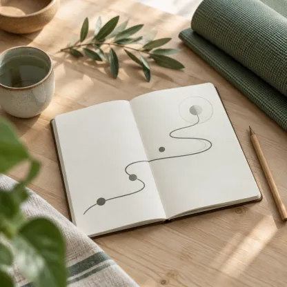 Geöffnetes Notizbuch mit abstrakter Linienzeichnung, Holzstift, gefaltete Yogamatte, Zweig, Tasse