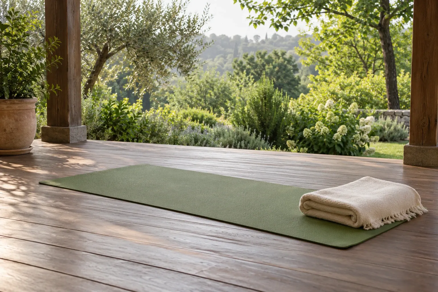 Grüne Yogamatte mit gefalteter Decke auf Holzterrasse, grüner Garten im Morgenlicht