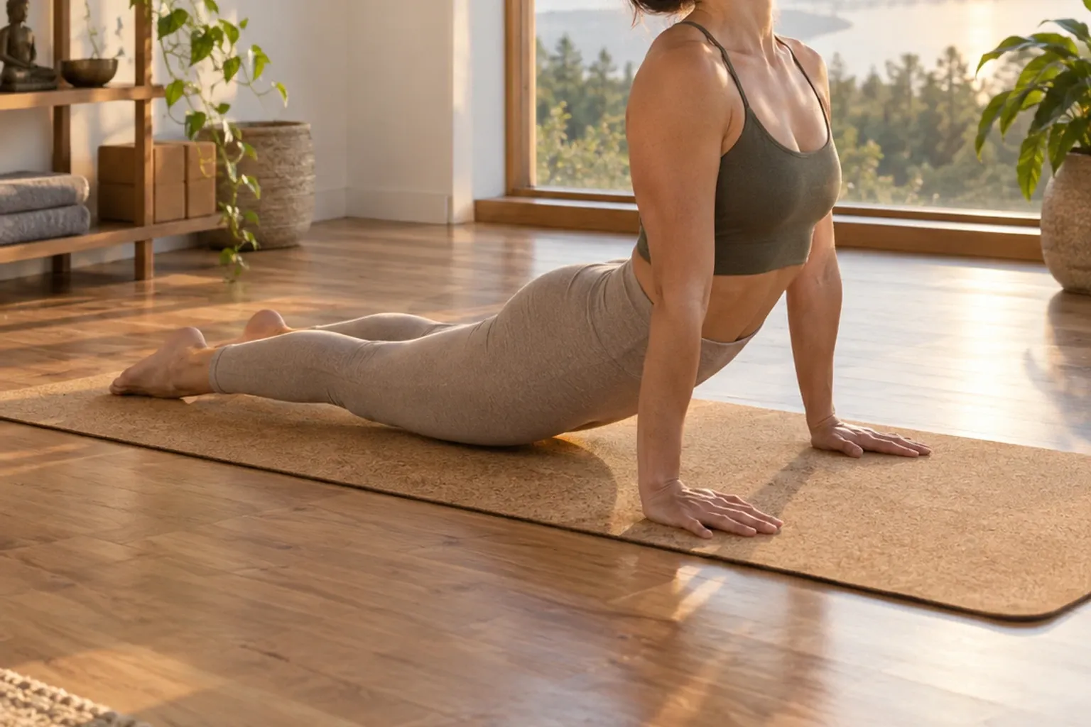Frau in Bh und Leggings macht auf Yogamatte Kobra-Pose im hellen Wohnzimmer mit Fensterblick