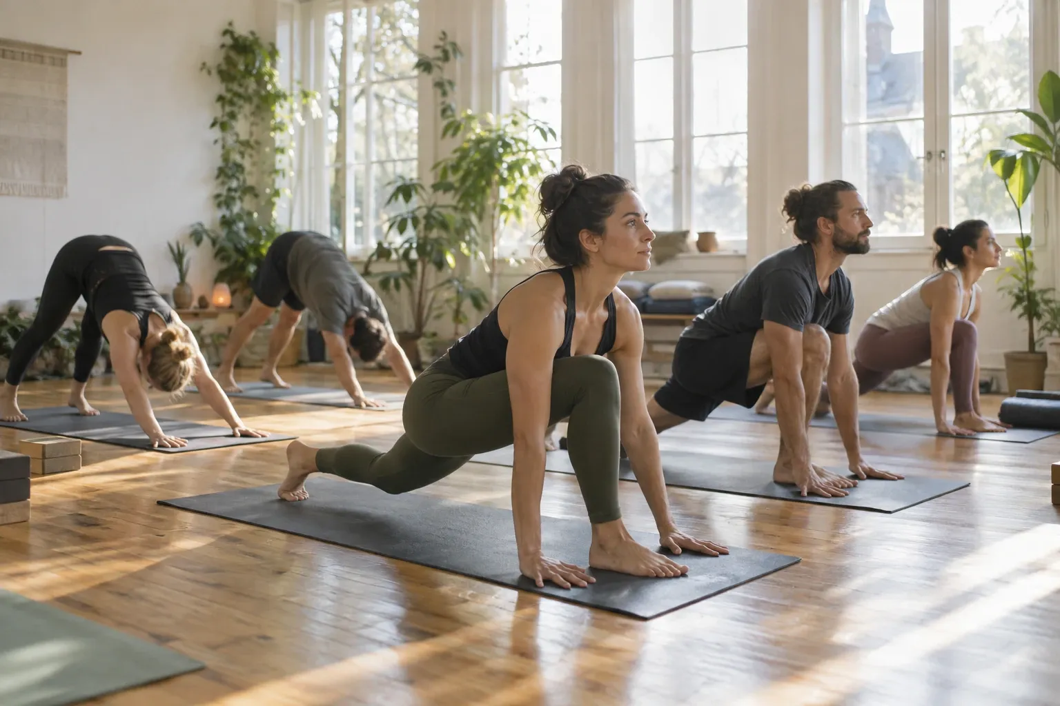 Mehrere Menschen in Yogastunde führen Low Lunge und Downward Dog in sonnigem Studio aus