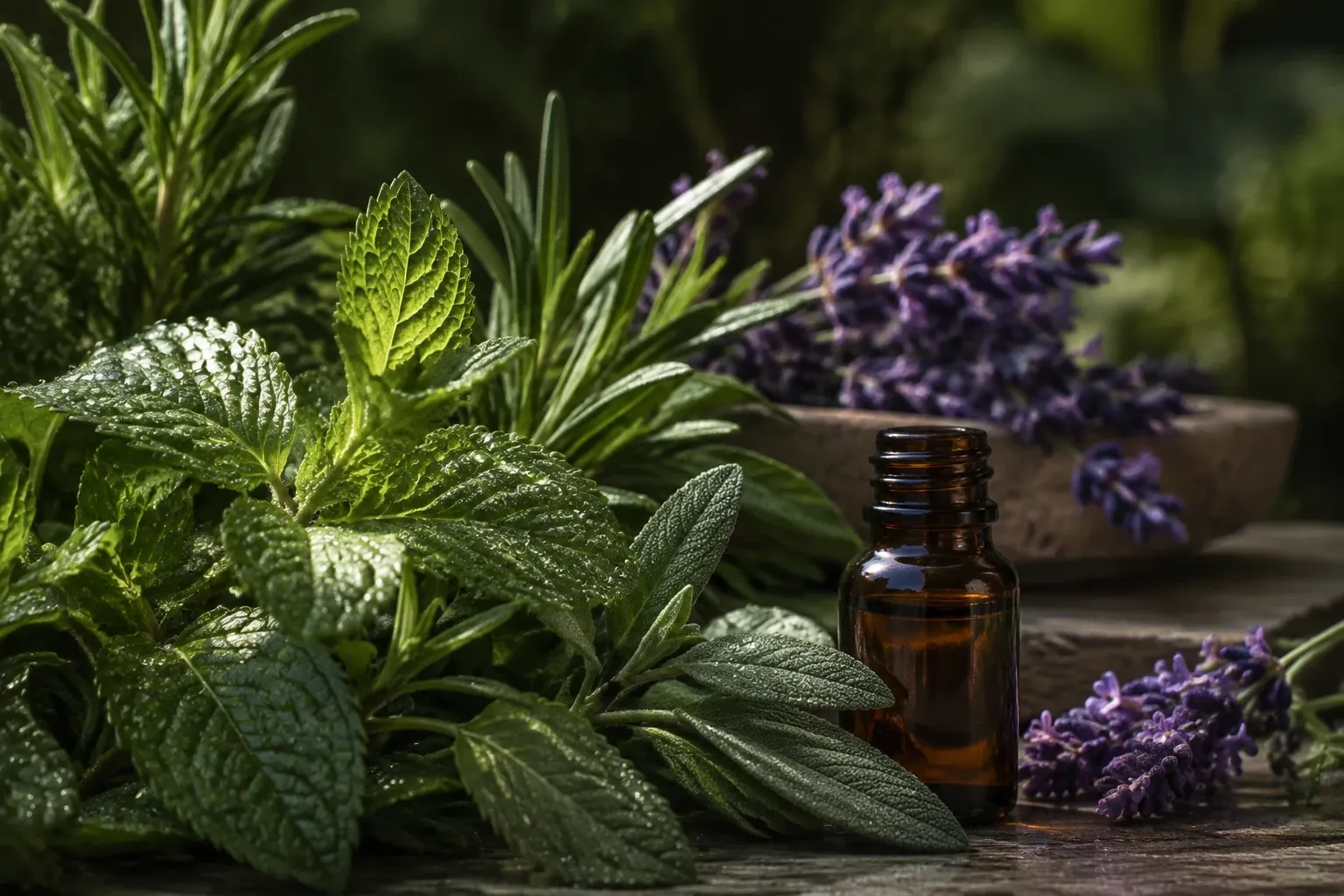 Nahaufnahme frischer, taubedeckter Kräuterblätter, Lavendel im Hintergrund und kleines Braunglasfläschchen