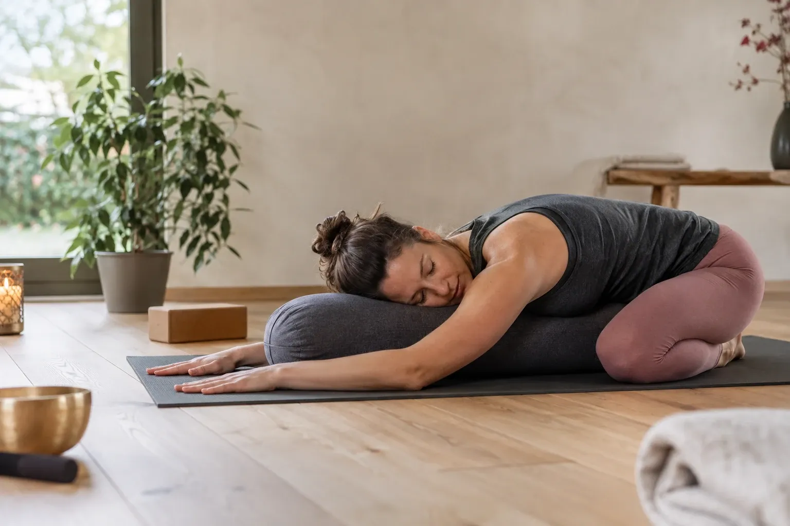 Frau in Yin-Yoga-Kindsstellung mit Bolster, ausgestreckten Armen auf Yogamatte, ruhiger Raum