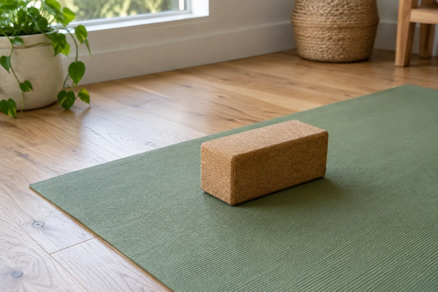 Kork-Yogablock auf grünem Yogamatte in hellem Raum mit Pflanzen und Korb