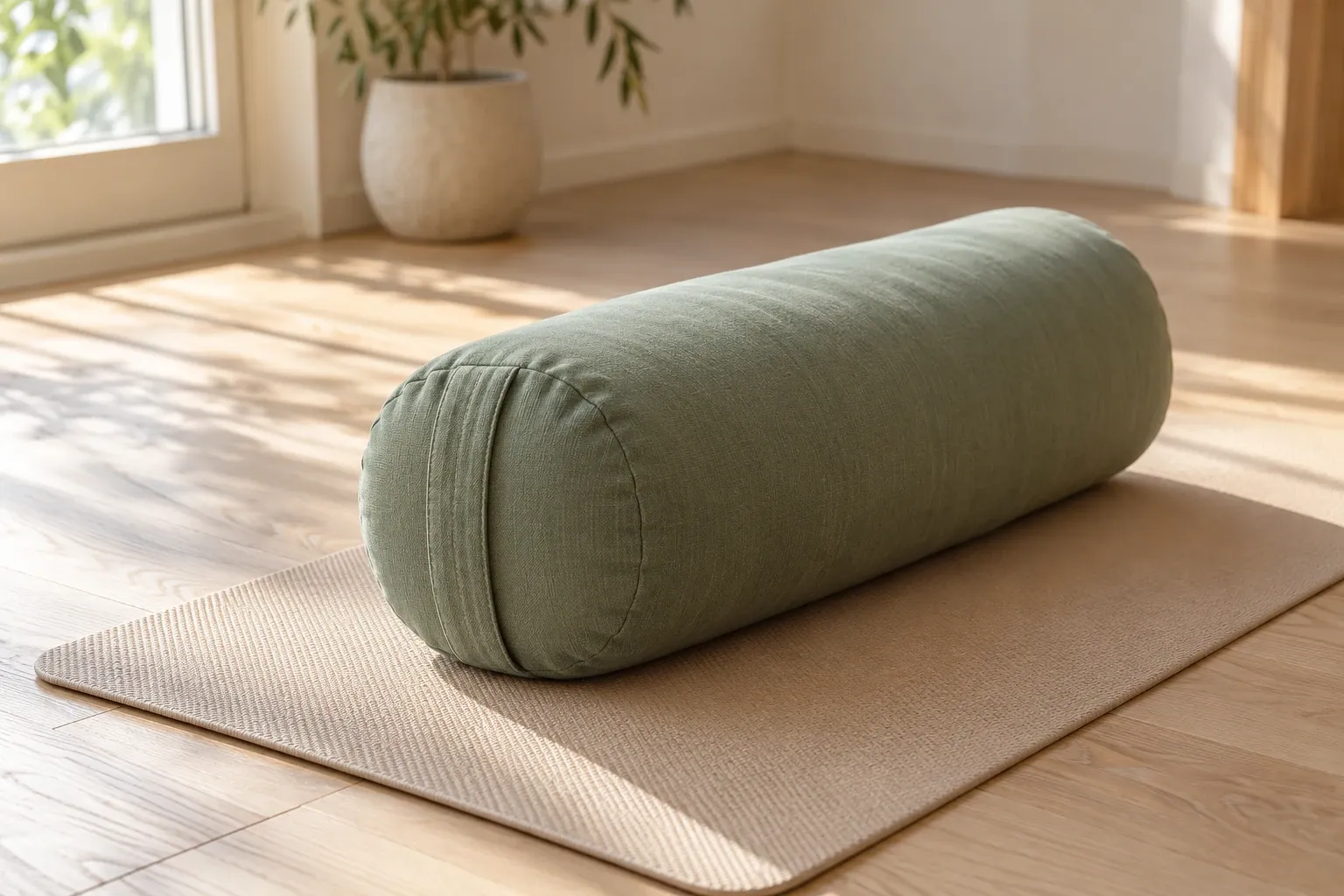 Grüner Yoga-Bolster auf beigefarbener Yogamatte im sonnigen Holzraum
