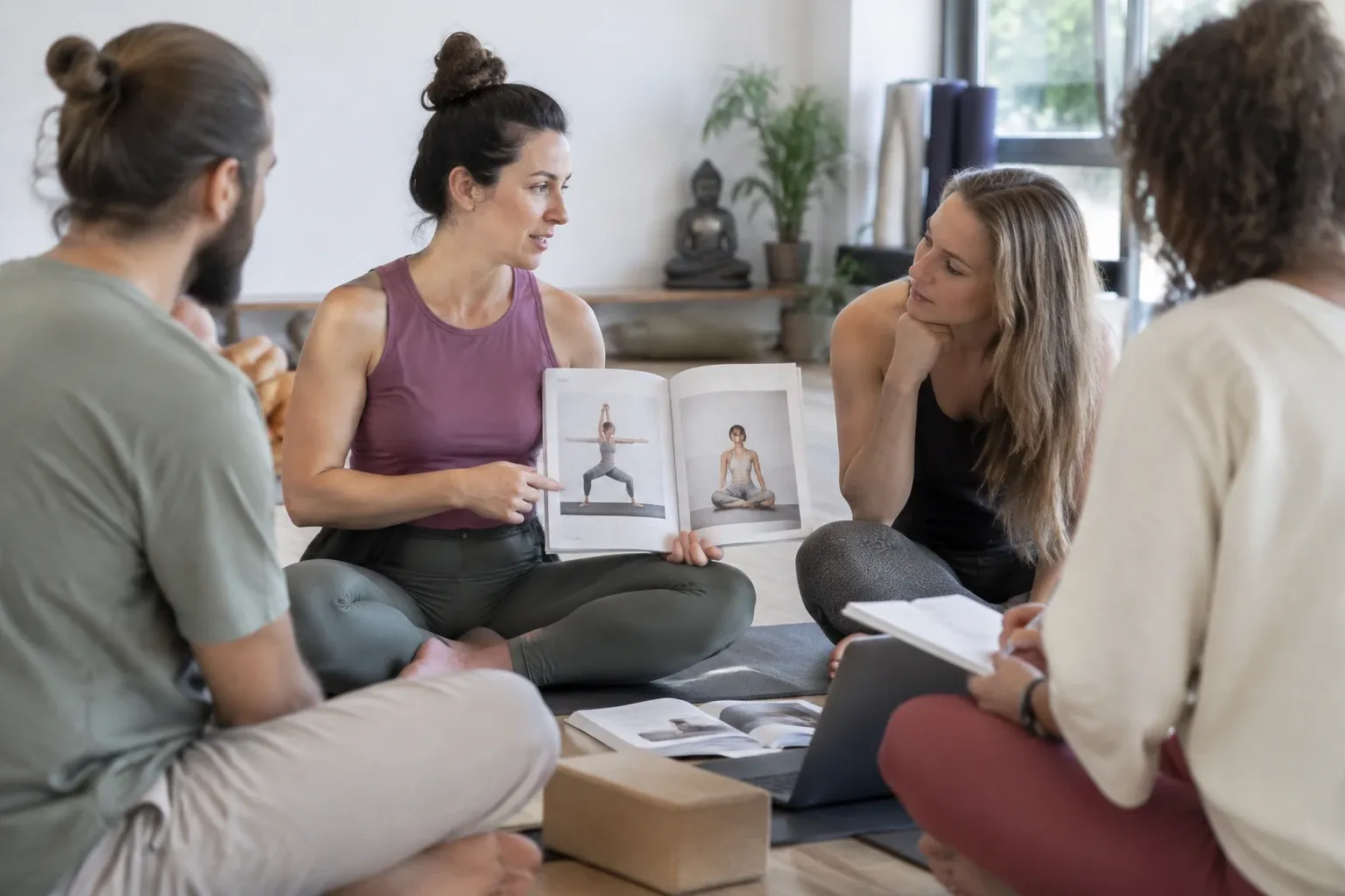 Yoga-Lehrerin zeigt Kursbuch mit Asanas, Gruppe sitzt im Kreis im hellen Raum