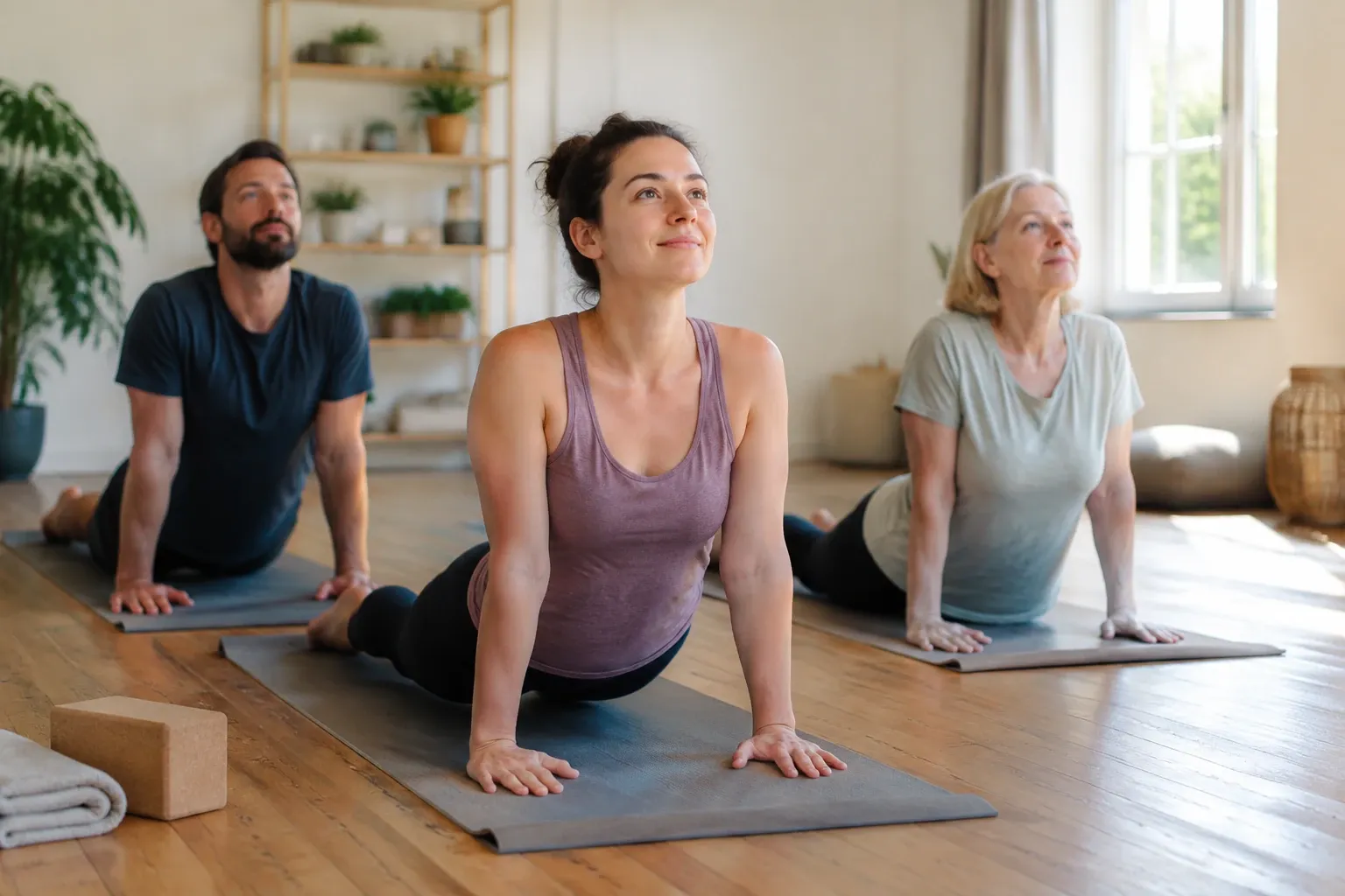 Drei Personen auf Yogamatten in Kobra-Pose in hellem Studio, Blöcke sichtbar