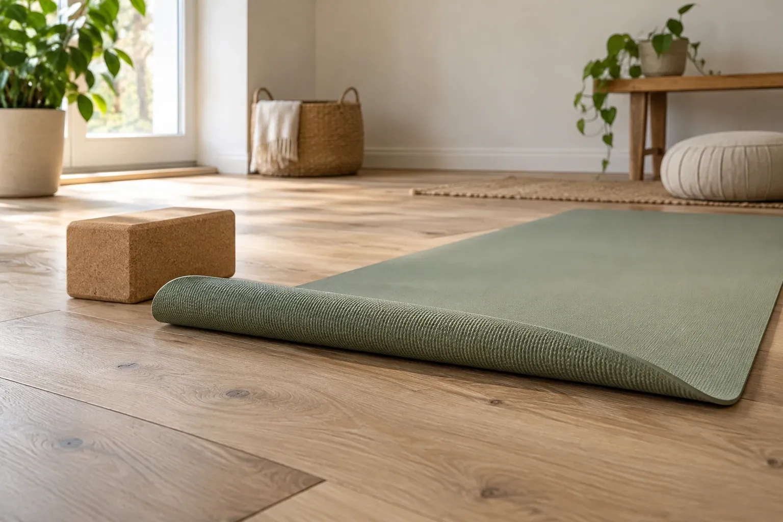 Grüne Yoga­matte halb aufgerollt auf Holzboden, Korkblock, Pflanzen im Hintergrund