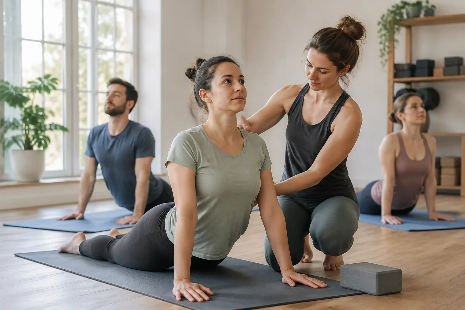 Yoga-Lehrerin passt Urdhva Mukha Shvanasana bei Schülerin in hellem Raum an