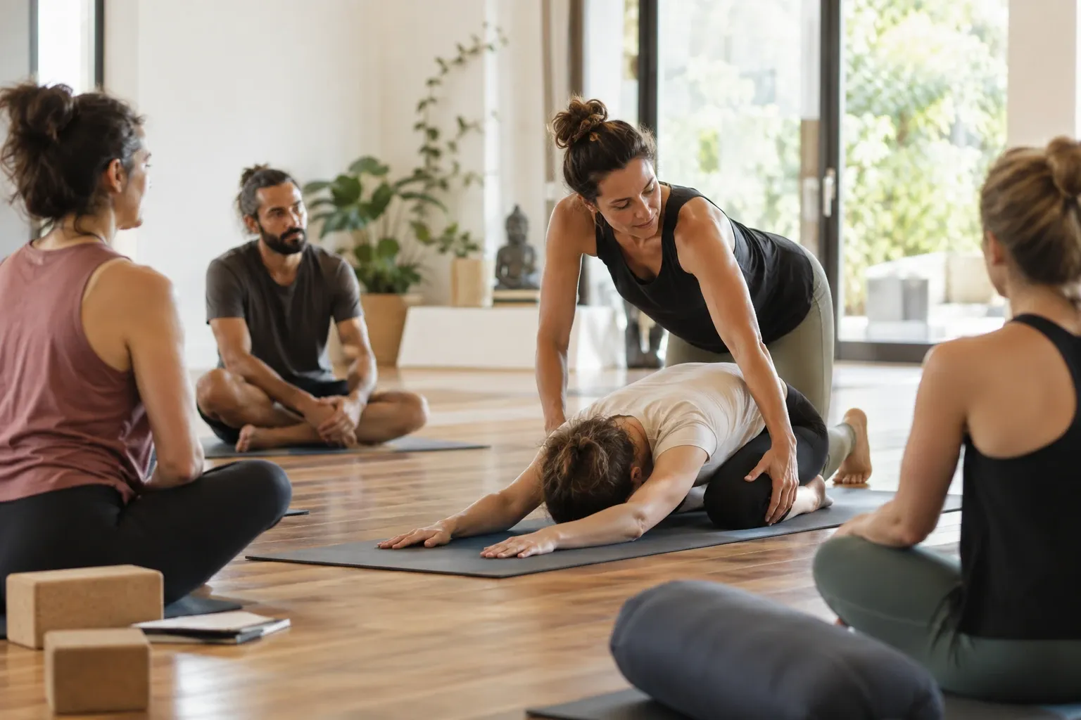 Yogalehrerin korrigiert Schülers Kindhaltung in heller Studioatmosphäre mit Gruppe