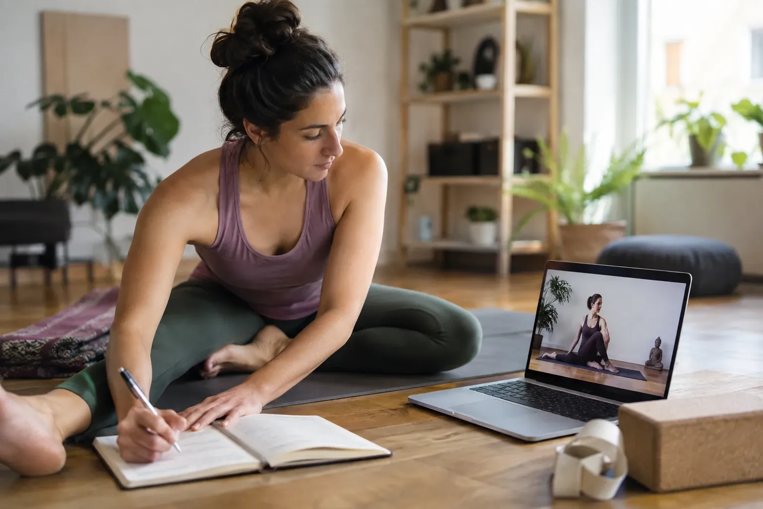 Frau sitzt im Wohnzimmer auf Yogamatte, schaut Laptop mit Yogalehrer und macht Notizen